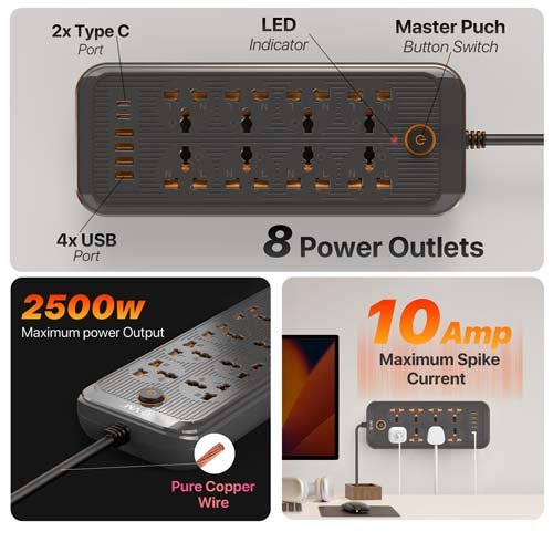 EVM 8 Power Outlets 4 x USB Port 2 x Type-C Port 3 Meter Surge Protector EVM-EnSurge-03 4 EVM 8 Power Outlets 4 x USB Port 2 x Type-C Port 3 Meter Surge Protector EVM-EnSurge-03