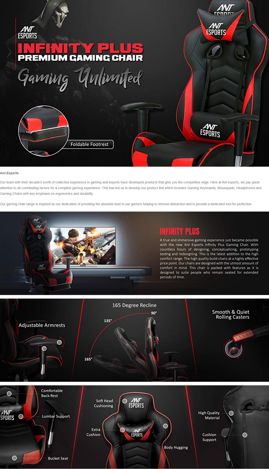Ant Esports Infinity Plus 2D Red & Black Gaming Chair (Adjustable Armrest, Headrest and Lumbar Support)